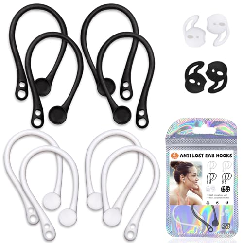 Ear Hooks for Earphones, 4 Pairs Anti-Lost Ear Hooks with 4 Pcs Silicone Soft Ear Hooks, Anti-Slip Sports Accessories Ear Hooks, Comfortable Fit（White,Black