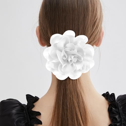 Image of 6.3 Inches White Large Floral Brooch Pins & Flower Hair Clips for Women | Elegant White Rose Hair Clip Large Flower Brooches for Women | Charming Pins for Clothes & Dress Accessories for Woman Fashion
