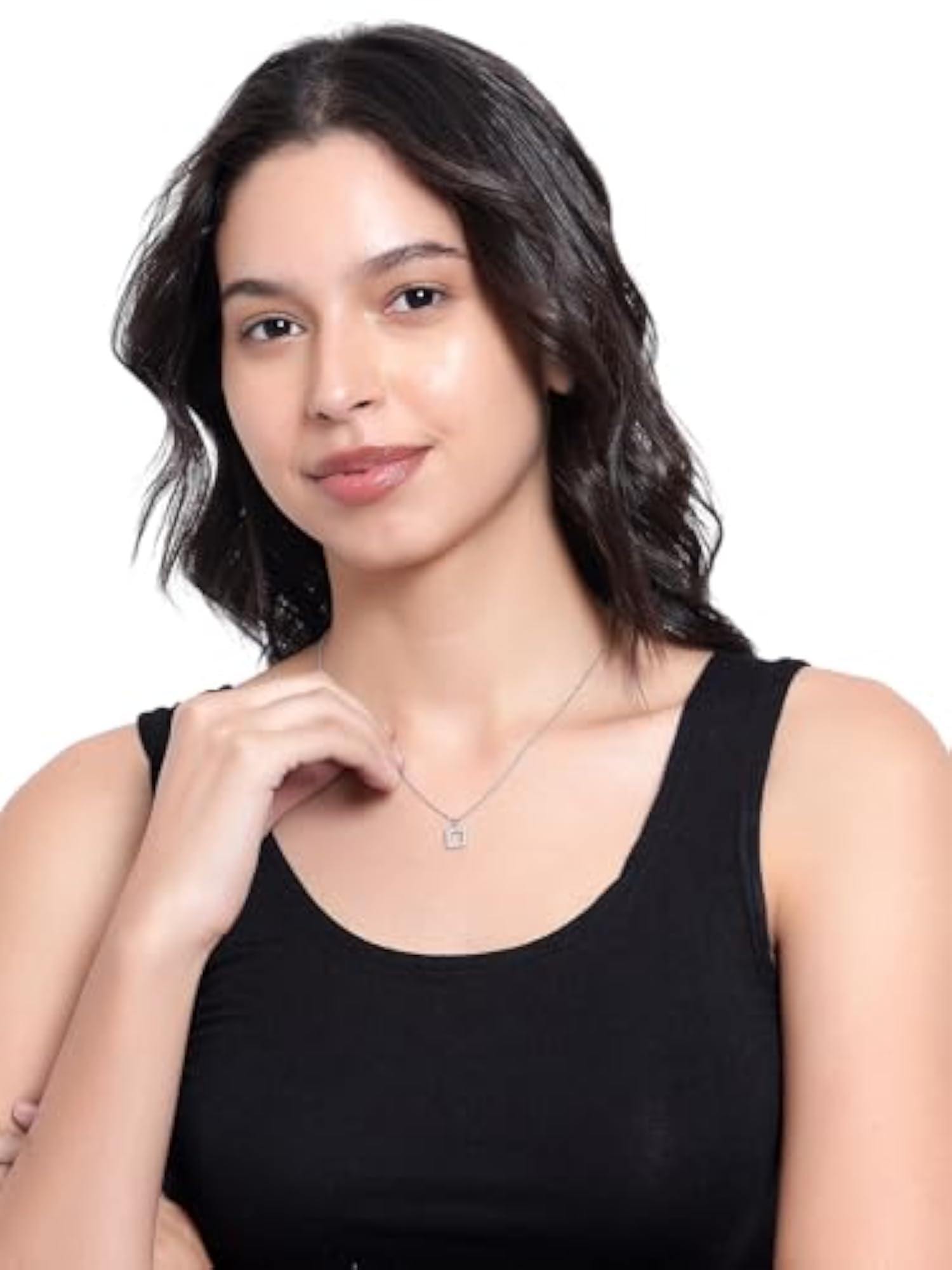Stone-Studded Square-Charm Pendant with Chain