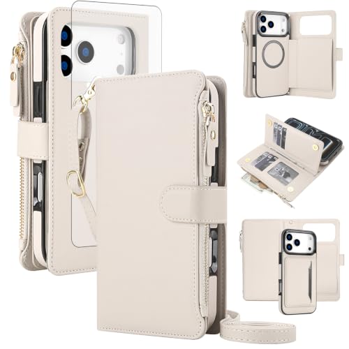 Crossbody Detachable Wallet Case for iPhone 17 Pro Max with Screen Protector, RFID Blocking Card Holder PU Leather Zipper Purse Flip Cover Wrist Strap Lanyard for iPhone 17 Pro Max 6.9", White