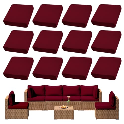 12Pcs Outdoor Patio Cushion Covers, Waterproof, Stretch Cushion Covers Replacement, Furniture Cushion Covers (Claret 1, 12PCS)