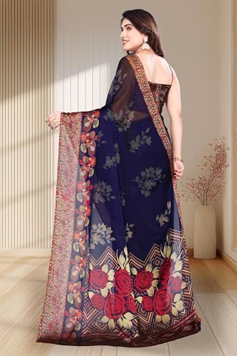 Image of SUPERLAXMI Women's Chiffon Floral Printed Saree with Blouse Piece