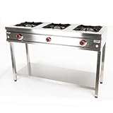 Romux® Cocina Industrial a Gas 3 Fuegos de 139x55 cm con Mueble Horizontal de Acero Inox con Regulador de Fuego y Termopar | Hornillo de Gas Butano para Bares y Restaurantes