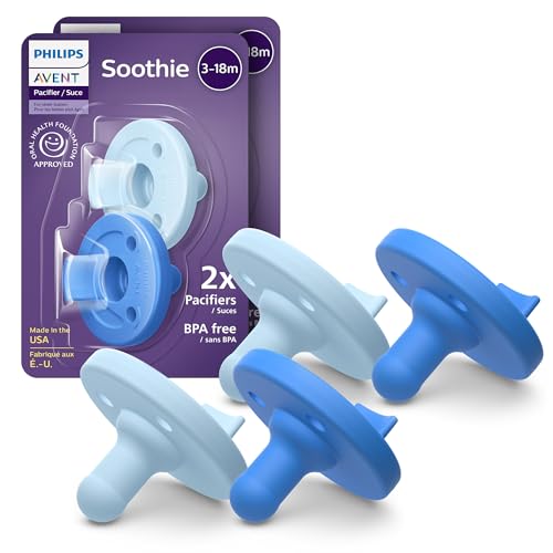 Image of Philips Avent Soothie Baby Pacifiers - 100% Silicone Pacifiers for Babies 3-18 Months, One-Piece Design, BPA-Free, Extra Durable, Sky Blue and Light Blue, 4 Pack, Model SCF192/71