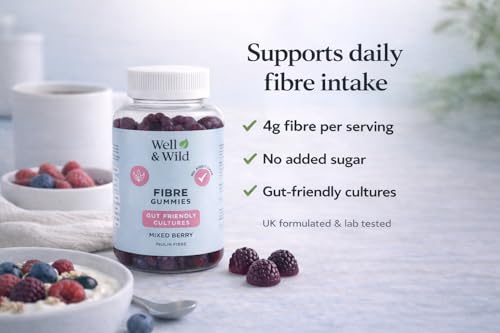 Well & Wild Prebiotic Fibre Gummies – 4g Inulin + Live Cultures – Vegan Gut Health & Digestive Support – Sugar Free – Mixed Berry – 60 Fiber Gummies (30 Day Supply)