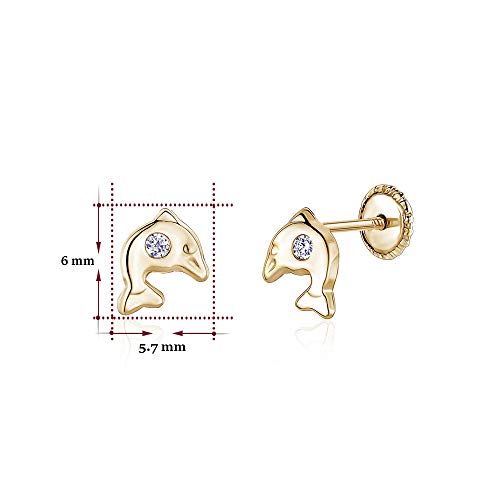 14K Yellow Gold Dolphin Screwback Earrings For Baby Girl Cz With Simulated Diamond #TOP1