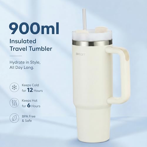 Image of AXEON Stainless Steel Tumbler with Handle & Straw - 900ml | Double Wall, Reusable & Leak-Proof Stanley Sipper | Travel Coffee & Cold Drink Cup for Gym, Office & Travel, Cream Colour