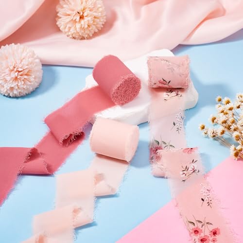 Ruban mousseline de soie rose imprimé à franges artisanales pour créations de luxe