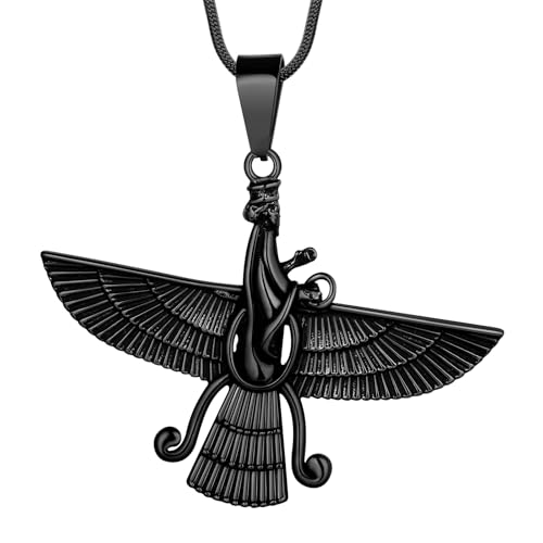 Hipunk Stainless Steel Farvahar Pendant Necklace, Zoroastrianism Symbol Ancient Persian Jewelry SP0116 (black)