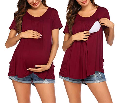 Image of Ekouaer Women's Nursing Tops Maternity Shirt for Breastfeeding Double Layer Short Sleeve Pregnancy T-Shirts with Pockets