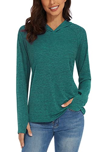 TACVASEN Women's Hooded Top Ladies T Shirts Quick Dry UV Long Sleeve Base Layer with Thumb Holes Emerald Green