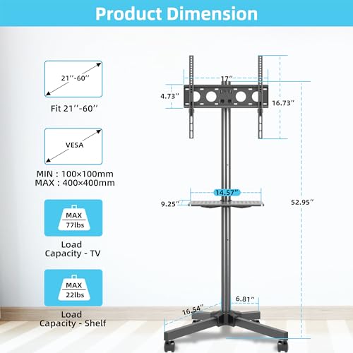 Mobile TV Carts on Wheels for 21-60 Inch Flat/Curved Panel Screens TVs - Height Adjustable Floor Trolley Stand with Shelf Holds up to 77lbs - Max VESA 400x400mm - Thumbnail 3
