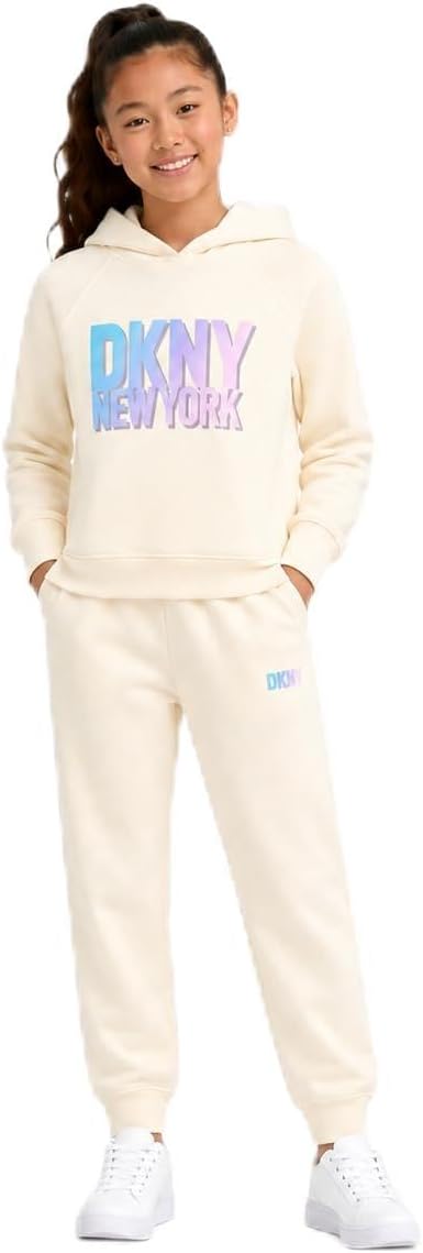DKNY Girls Jogger Set - 2 Piece Soft Fleece Athletic Pullover Hooded Kids Sweatshirts and Jogger Sweatpants for Girls