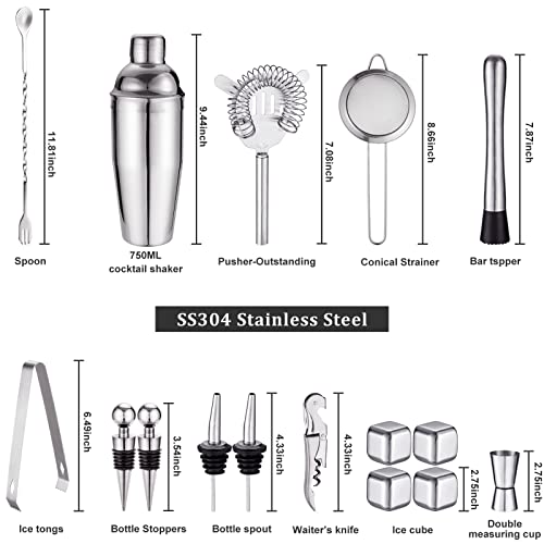 18 Piece Cocktail Shaker Set With Rustic Pine Stand, Gifts For Men Dad Grandpa,Stainless Steel Bartender Kit Bar Tools Set, Home, Bars, Parties And Traveling (Silver) #TOP2