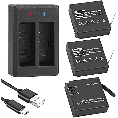 GeeKam 3 x 1350mAh Rechargeable Battery with 2-channel Charger, Compatible with AKASO Brave 7 LE, WOLFANG GA400/GA420, XTU S3 PRO, Victure AC940/AC960, Campark V40, Rollei 6s Plus/8s Plus/9s Plus Cover