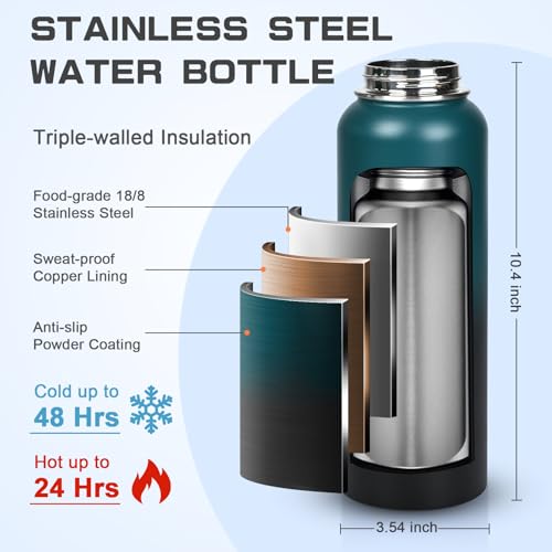 Image of GAZLEMHO 40 oz Insulated Water Bottle with Straw& Spout 2-in-1 Lid, Triple Wall Vacuum Stainless Steel Cold 48H, Leak Proof Sports Metal Flask Jug with Paracord Handle, Indigo Black