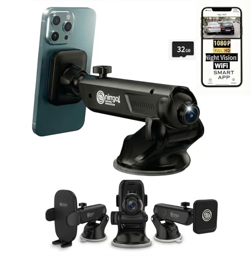NIRRGO 2-in-1 Dash Cam & Car Phone Holder Mount Bonus-2 Mounting Options Included 1080P HD Loop Recording Dashcam smart App Control, Night Vision G-Sensor Clutter,Easy Setup 32GB SD Card Included