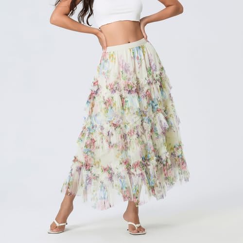 Floral Tulle Maxi Skirts for Women's Summer High Waist Irregular Flowy A-line Flowy Layered Casual Long Skirt3