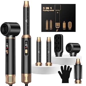 UKLISS 5 in 1 Hairstyler mit LCD-Display, Hair Styler Set mit 5 Aufsätzen: Föhn für Locken, Rundbürstenföhn, Haarstyler, Warmluftbürste, Airbrush, Glättbürste, Hair Dryer Haar Styling für Haare
