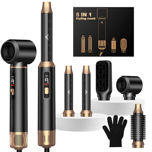 UKLISS 5 in 1 Hairstyler mit LCD-Display, Hair Styler Set mit 5 Aufsätzen: Föhn für Locken, Rundbürstenföhn, Haarstyler, Warmluftbürste, Airbrush, Glättbürste, Hair Dryer Haar Styling für Haare