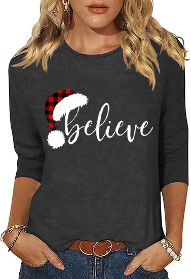 3/4 Sleeve Christmas Shirt for Women Merry Believe Lights Tree Graphic Festival Shirt Vacation Trendy Tops