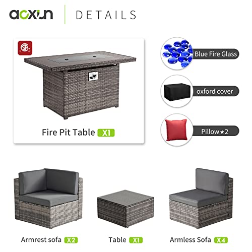 Aoxun 8Pcs Patio Furniture Set With 44" Fire Pit Table Outdoor Sectional Sofa Wicker Coffee (Grey Wicker) #TOP6