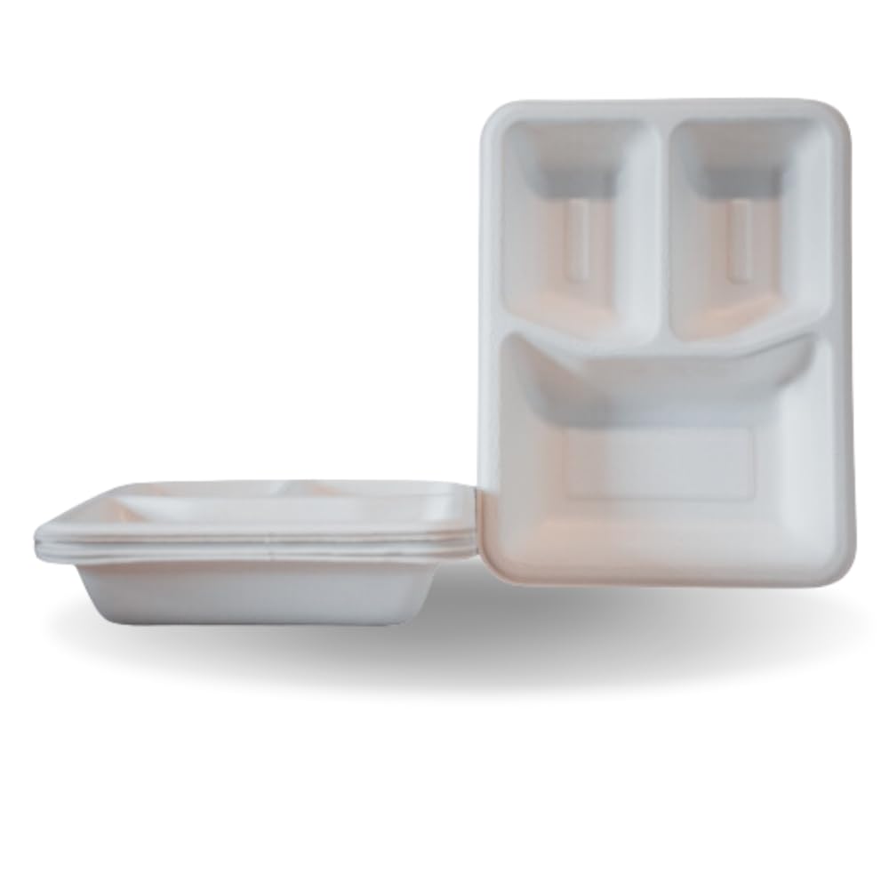 100 x Bio Menüboxen, 3-geteilt Snackboxen Foodbox XXL weiß Bagasse/Zuckerrohr nachhaltige Einwegboxen - Teller, Salatschale (24 cm X 18 cm X 5 cm in tiefe) kompostierbar