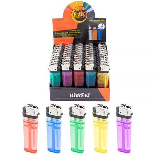 HIBRON – Pack de 50 Mecheros Desechables de Colores Translúcidos | Encendedor Clásico con Piedra y Llama Regulable