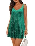 Pungdra Women's Sequin Dress for Women Sparkly Glitter Green Medium V Neck Shift Cocktail Disco Outfit Party Club Night Out Mini Dresses