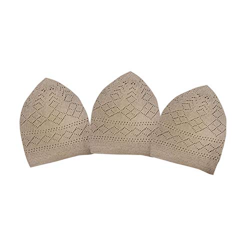 Eid Islamic Knitted Kufi Hats for Men Topi Prayer Hat Crochet Cap Taqiyah Takke Skull Beanie for Muslims, Prayers and Islamic 3 Set of Brown