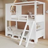 Litera 90x200cm con protección contra caídas Mesa Zapatero con Cuatro Compartimentos Cama Alta con Escalera Inclinada de Tres peldaños Camas Doble Pino+MDF+contrachapado Invitados sin colchón Blanco