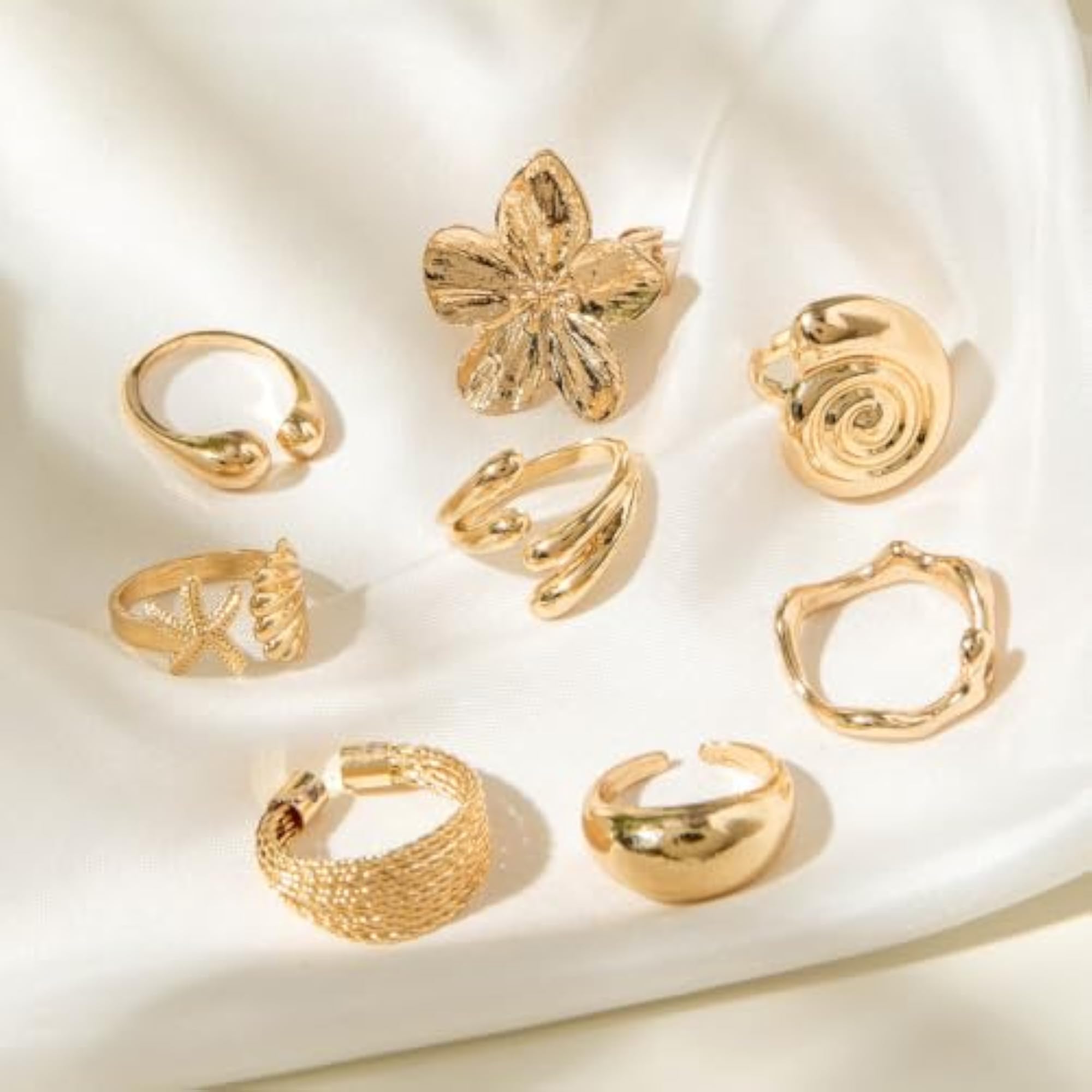 Gold Plated Set of 8 Flower, Shell & Starfish Boho Stackable Rings, Gift