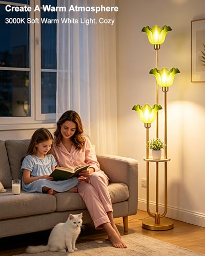 Image of Green Flower Floor Lamp for Living Room, Mid Century Modern Floor Lamp Dimmable with Shelf & LED Bulbs, 3 Light Warmwhite Gold Tall Standing Lamp for Bedroom Girls Room Home Decor