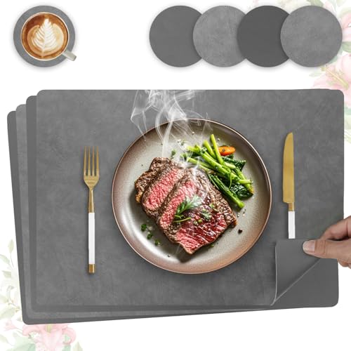 Heli MAIO Tischsets und Untersetzer 4er Set,Platzsets Abwaschbar und Doppelseitigen rutschfest Platzdeckchen,Tischset Leder Kunstleder,Platzdeckchen wasserdicht