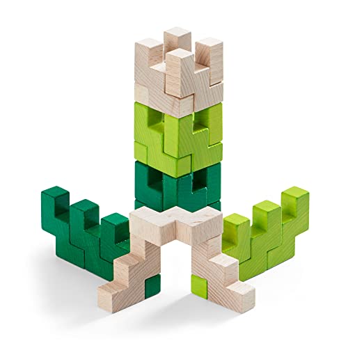 HABA 3D Wooden Blocks Viridis - 21 Piece Natural and Green Toned Beech Wood Building Set (Made in Germany)