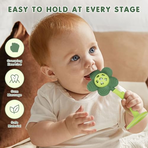 Image of Baby Teething Toys and Rattle 2-in-1 for Babies 0-6 6-12 Months, Food Grade Silicone Teethers for Baies 3-6 Months, Infant Teething Relief Chew Toys, Sunnyflower Teether Toy BPA Free - Green