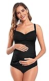  SHEKINI Traje de Baño para Mujeres Embarazadas Bowknot Bandeau Swimwear Gathering Monokini Embarazadas Traje de baño de Maternidad Tallas Grandes M-3XL (Negro, M)
