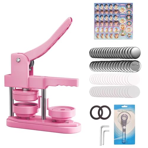 FreeingBAG Button Maker Machine 58mm - (3 Gen) Installation-Free (2.25in) DIY Badge Button Maker Press Machine Badge Punch Press with 100pcs Button Parts Pictures (Pink, 2.25 inch / 58mm) by Freeingbag - Used condition - US$35.67