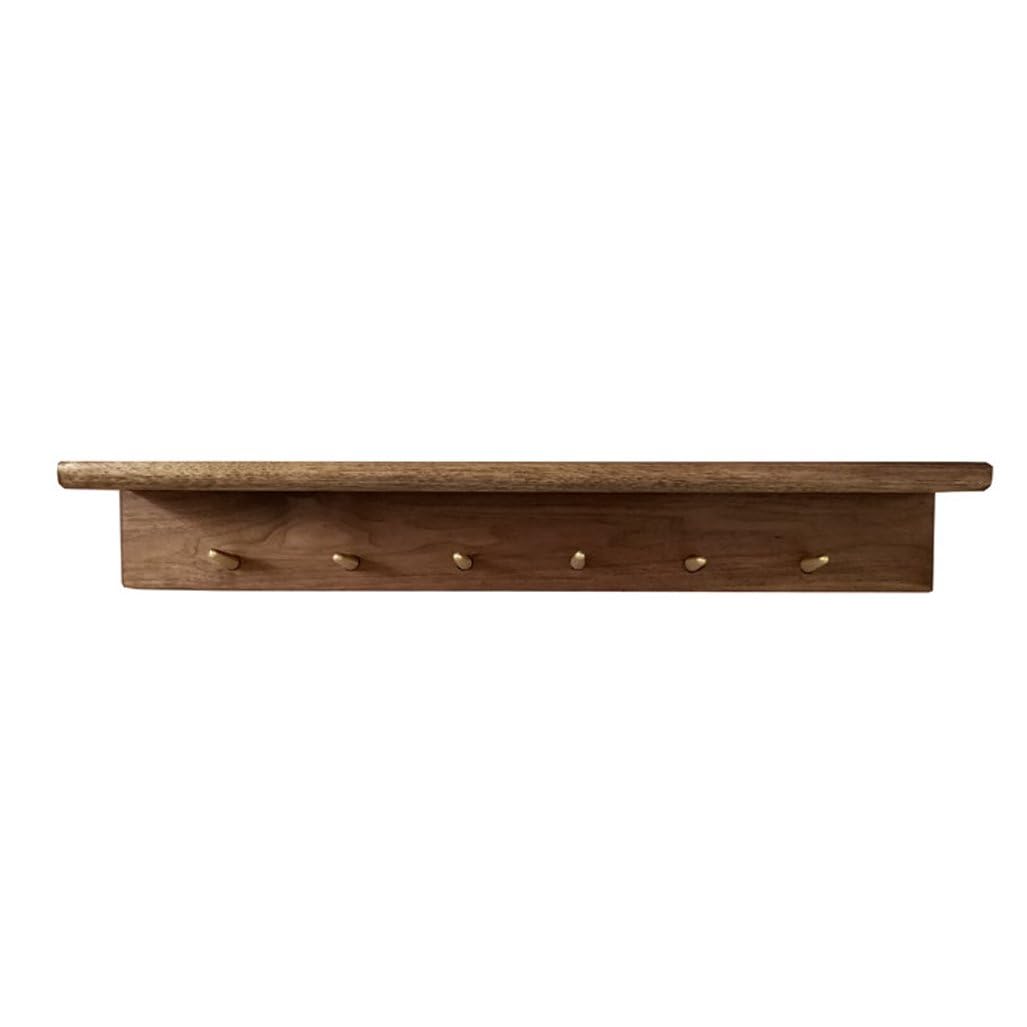 Qpkz Brown Walnut Wood Coat Rack Wall Mount With Shelf, Heavy Duty Wall Hooks Entryway Hanging Shelves With Brass Hooks For Clothes Hats Towel Purse Robes, Bathroom Mudroom Bedroom 70Cm