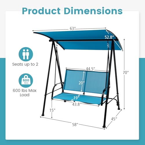 Image of HAPPYGRILL Outdoor Patio Swing for 2 Person, Porch Swing Chair w /Adjustable Canopy, Heavy-Duty Metal Frame, Breathable Seat Fabric, Patio Loveseat Swing for Backyard, Balcony, Poolside