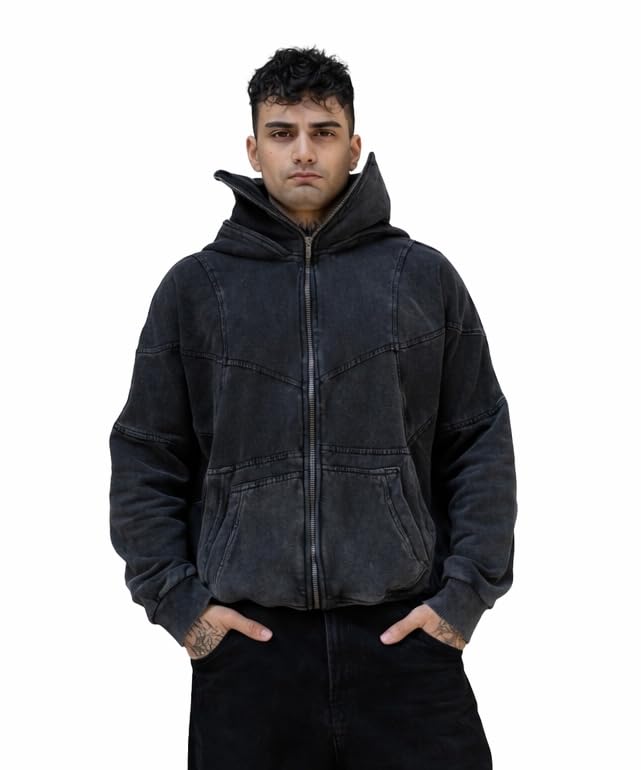 Image of Urban Fits Ashen Hoodie for Men | 420 GSM Heavyweight Cotton Terry | Oversized Structured Fit | Washed Grey Streetwear Zip Hoodie with Panel Design