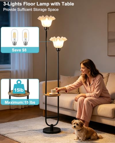 Image of 2-Light Flower Floor Lamp with Side Table, Dimmable Floor Lamp with 3000K Warm White Bulbs, Modern Black Metal Tall Standing Lamp for Living Room Bedroom Sofa Corner Home Decor