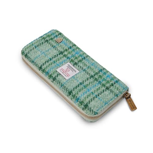 Image of Islander HarrisTweed & PU Leather women's long zip purse, Carry Cash & card, Scottish Style, Mint Tartan