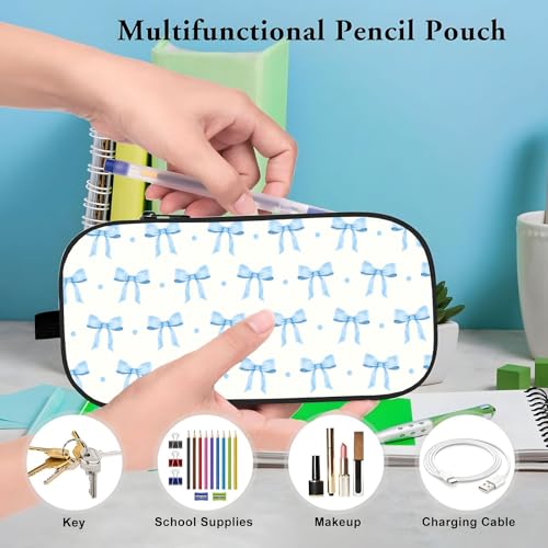 Image of WOBAGMEN Double Layer Pencil Case with Handle Large Pencil Bag Cute Print Pencil Pouch for Boys Girls (Blue Bow Polka Dots)