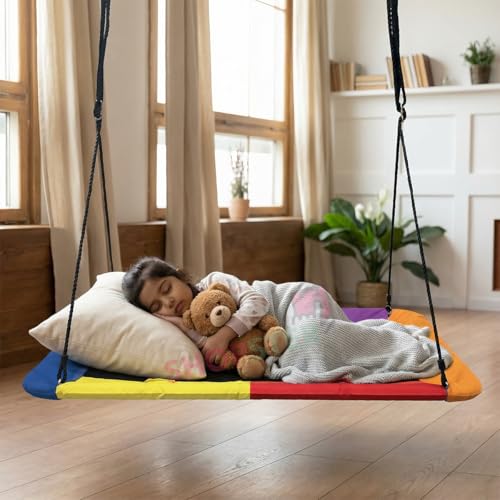Image of Shopster Giant Platform Swing for Kids & Adults, Large 150 cm x 79 cm Weight Capacity, Children Rope Tree Colorful Rectangular Swing Durable Steel Frame for Hanging Outdoor, Resistant Waterproof