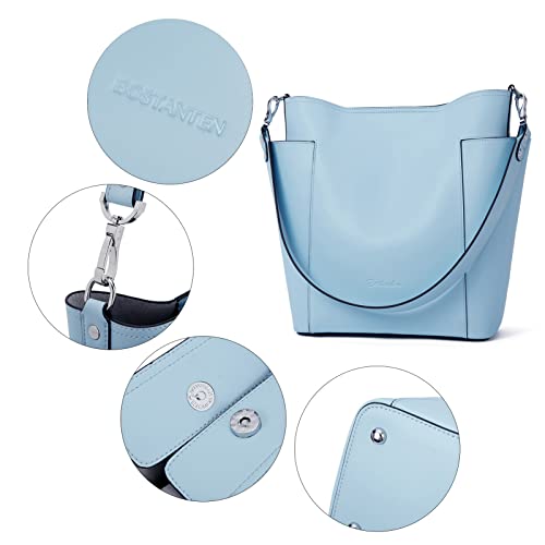 Bostanten Genuine Leather Bucket Handbag Designer Hobo Shoulder Bags Tote Purses And Handbags Set With Clutch Purses Blue-Grainy #TOP2