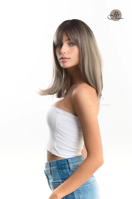 Miniatura 3 de VALENTINA - Peluca corta estilo Bob marrón claro con flequillo completo, raíces oscuras, pelucas rectas sin pegamento para mujer, longitud al