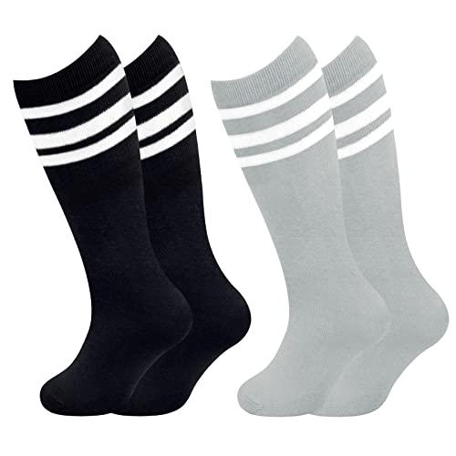 Image of Sarfel Kids Soccer Socks Toddler Soccer Socks Girls Boys Soccer Socks Kids Tube Socks with Stripes Toddler Knee High Socks, 2 Pack Black /White, Grey /White, 3-6 Years