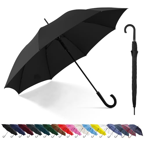 Large Stick Umbrella Windproof Automatic Open 50 Inch Umbrella with Hook Handle,Over Sized J Handle Umbrellas for Men and Women,Windproof Unbreakable Stick Rain Golf Umbrella. (Black)