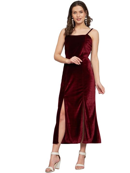 vaararo Bodycon Party Dress for Women with Flattering Double Cuts | Shiny Velvet Fabric Sleeveless Spaghetti Strap Stylish Casual Outfit-picture-26